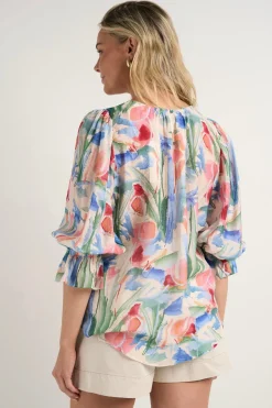 Ivy + Jack Candid Watercolour Frill Sleeve Crew Neck SS Top