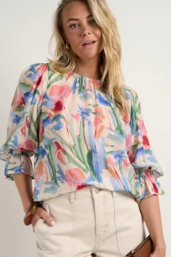 Ivy + Jack Candid Watercolour Frill Sleeve Crew Neck SS Top