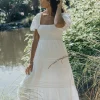 Ivy + Jack Captivate White Square Neck Bubble Slv Pleat Tiered Midi Dress