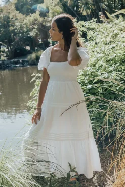 Ivy + Jack Captivate White Square Neck Bubble Slv Pleat Tiered Midi Dress