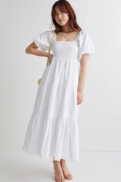 Ivy + Jack Captivate White Square Neck Bubble Slv Pleat Tiered Midi Dress