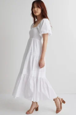 Ivy + Jack Captivate White Square Neck Bubble Slv Pleat Tiered Midi Dress