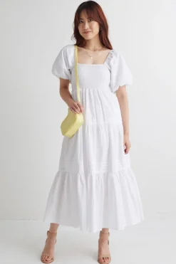Ivy + Jack Captivate White Square Neck Bubble Slv Pleat Tiered Midi Dress