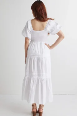 Ivy + Jack Captivate White Square Neck Bubble Slv Pleat Tiered Midi Dress