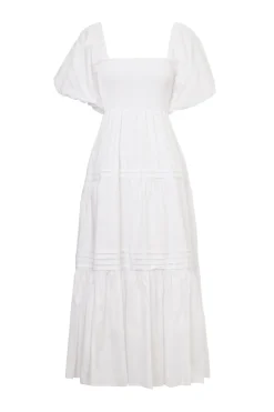 Ivy + Jack Captivate White Square Neck Bubble Slv Pleat Tiered Midi Dress