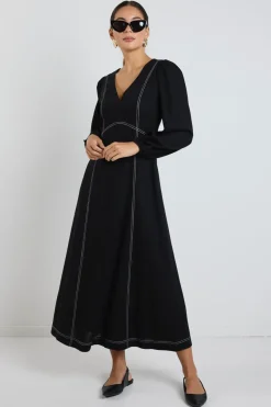 Stories be Told Case Black LS Contrast Stitch Midi Dress