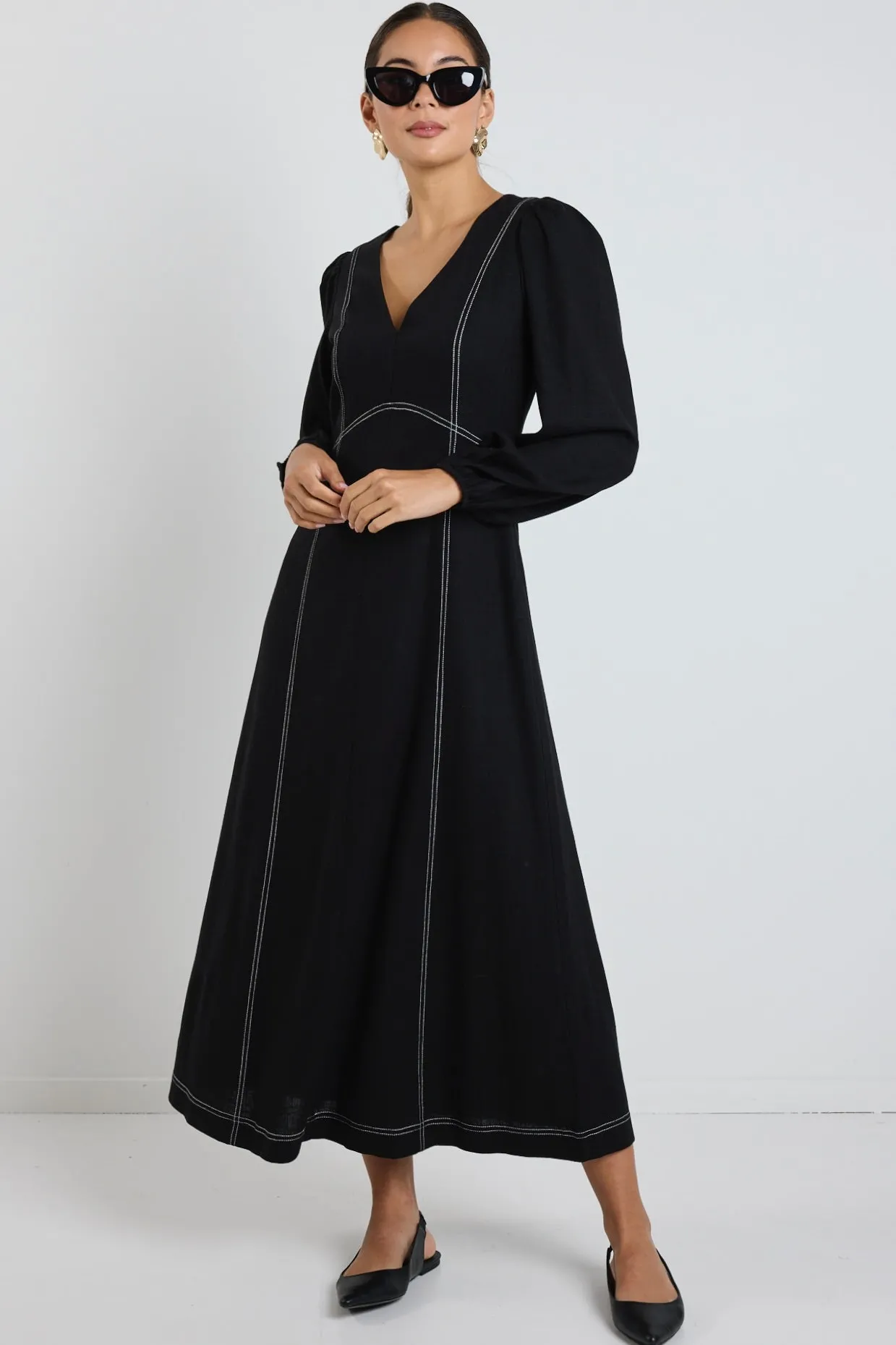 Stories be Told Case Black LS Contrast Stitch Midi Dress