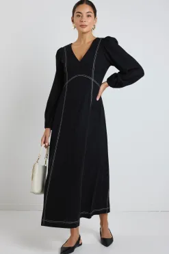Stories be Told Case Black LS Contrast Stitch Midi Dress