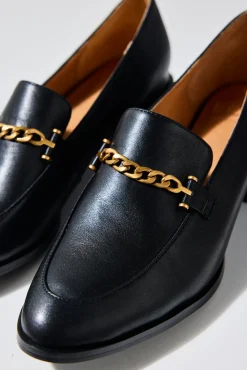 EOS Castella Black Leather Gold Chain Loafer