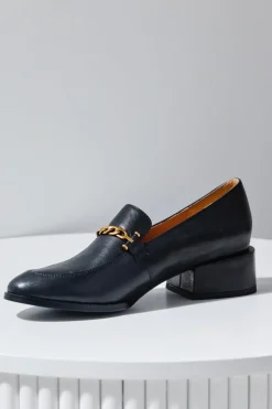 EOS Castella Black Leather Gold Chain Loafer