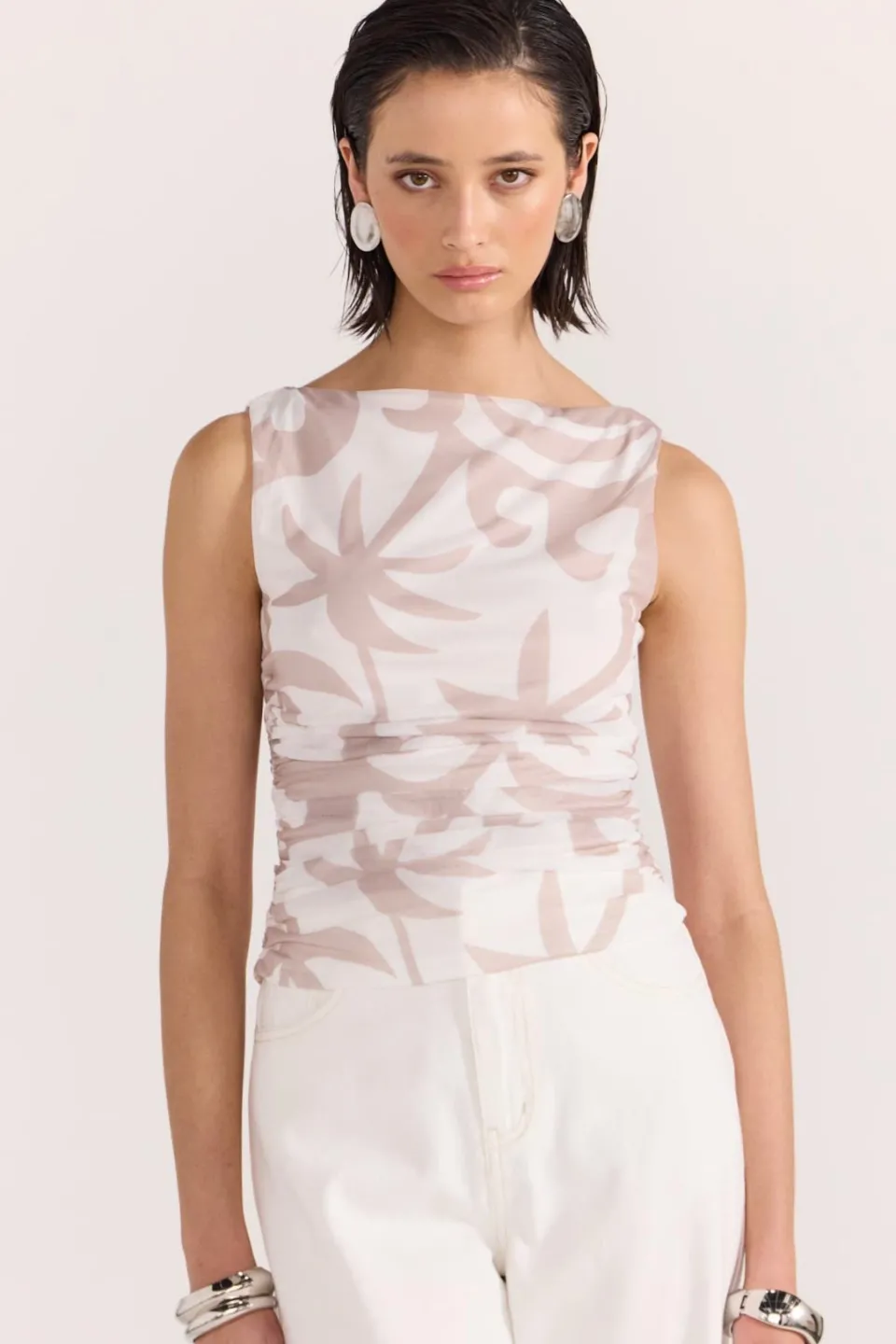 Staple The Label Celeste Beige Floral Mesh Top