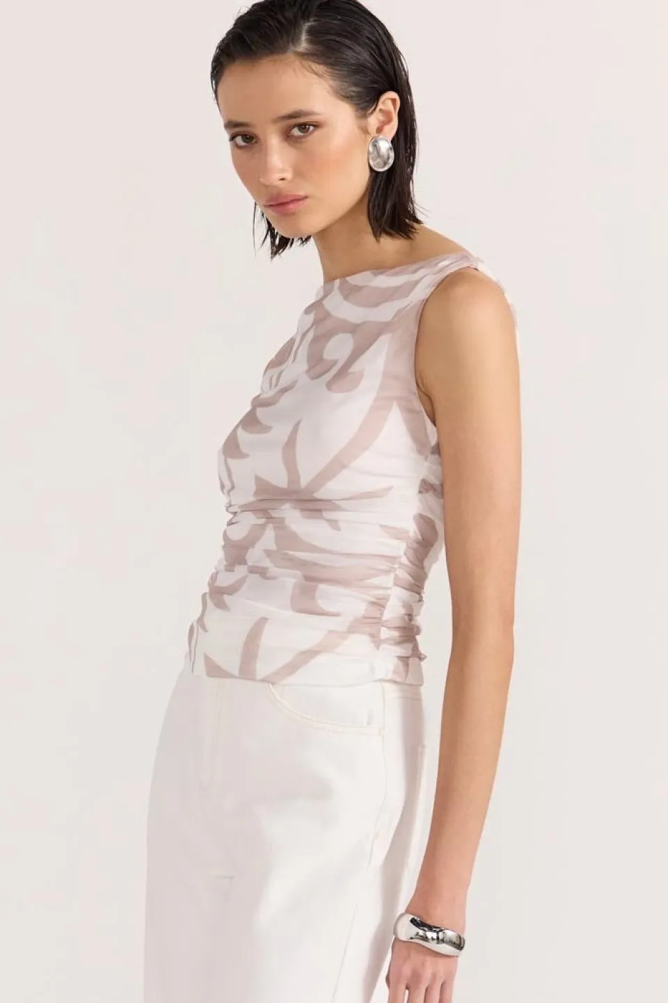 Staple The Label Celeste Beige Floral Mesh Top