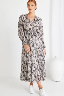 Ivy + Jack Charlie Lilac Garden LS V Neck Tiered Maxi Dress