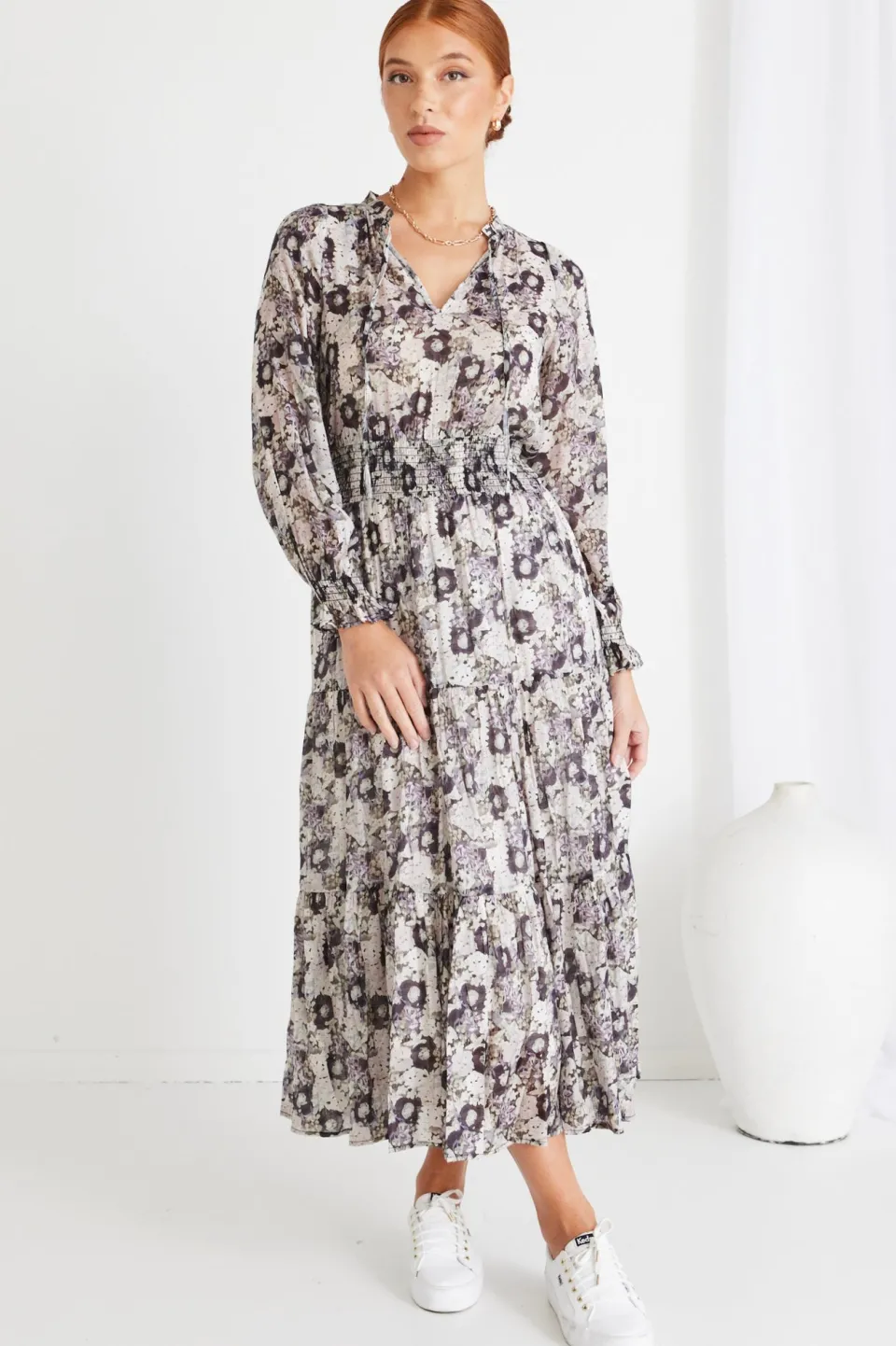 Ivy + Jack Charlie Lilac Garden LS V Neck Tiered Maxi Dress