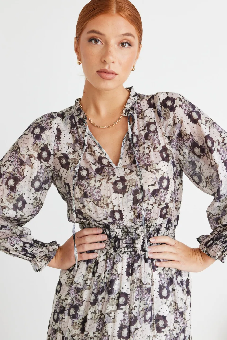 Ivy + Jack Charlie Lilac Garden LS V Neck Tiered Maxi Dress
