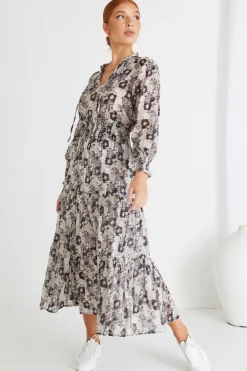 Ivy + Jack Charlie Lilac Garden LS V Neck Tiered Maxi Dress