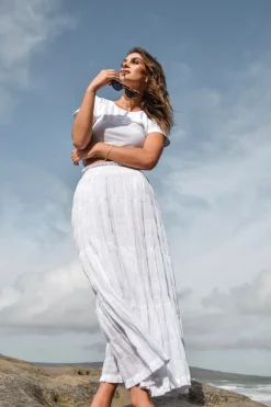 Ivy + Jack Charming White Cotton Shirred Tiered Maxi Skirt