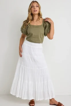 Ivy + Jack Charming White Cotton Shirred Tiered Maxi Skirt