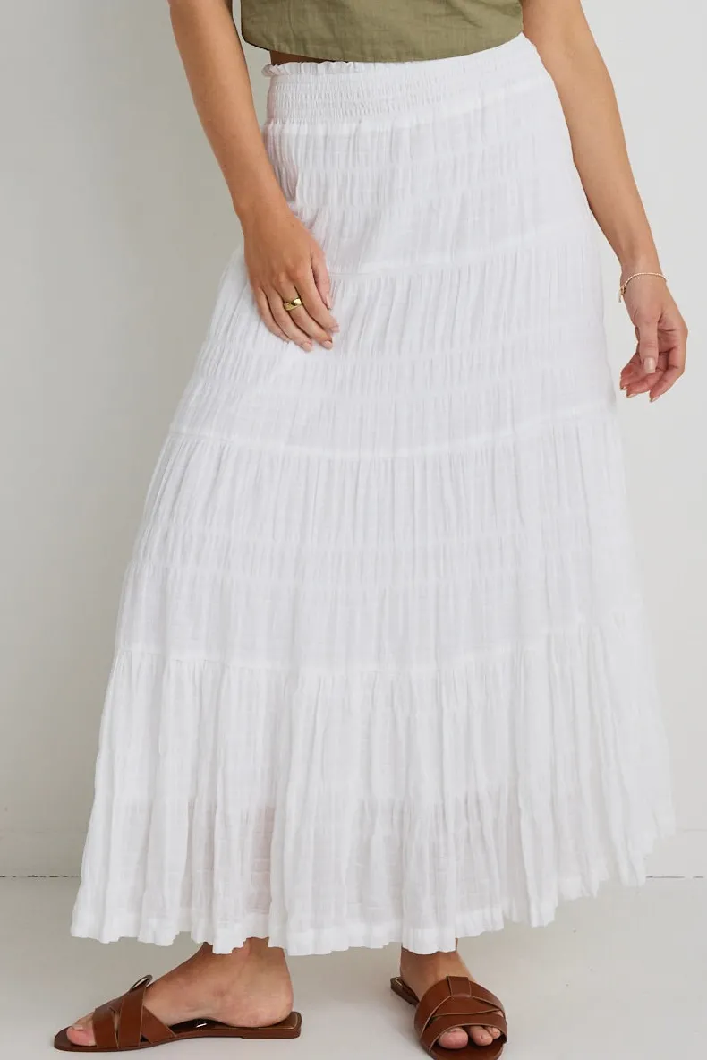 Ivy + Jack Charming White Cotton Shirred Tiered Maxi Skirt