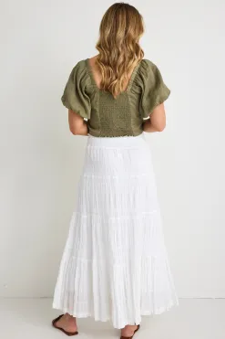 Ivy + Jack Charming White Cotton Shirred Tiered Maxi Skirt