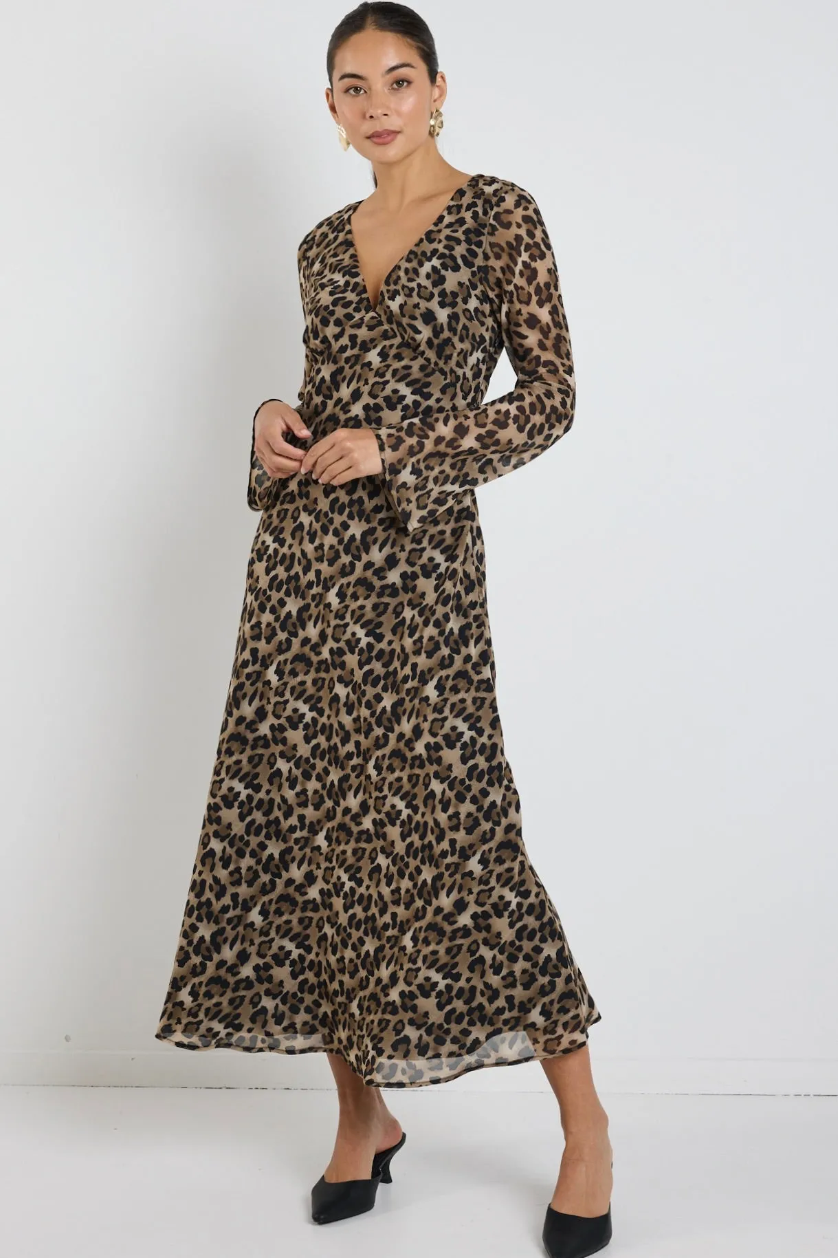 Among the Brave Chateau Leopard Georgette Fluted Sleeve V Bias Midi Dress