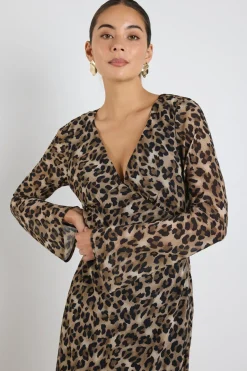 Among the Brave Chateau Leopard Georgette Fluted Sleeve V Bias Midi Dress