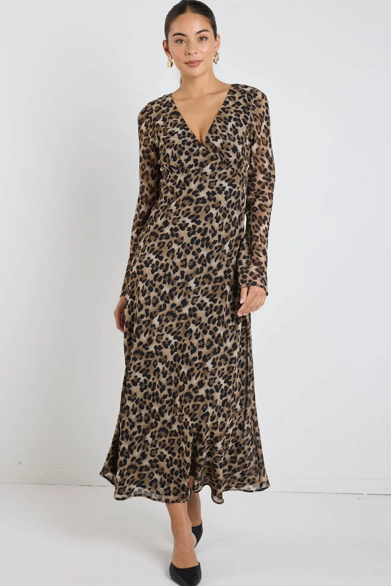 Among the Brave Chateau Leopard Georgette Fluted Sleeve V Bias Midi Dress