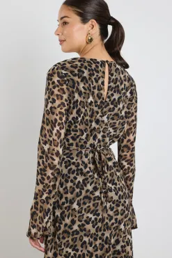 Among the Brave Chateau Leopard Georgette Fluted Sleeve V Bias Midi Dress