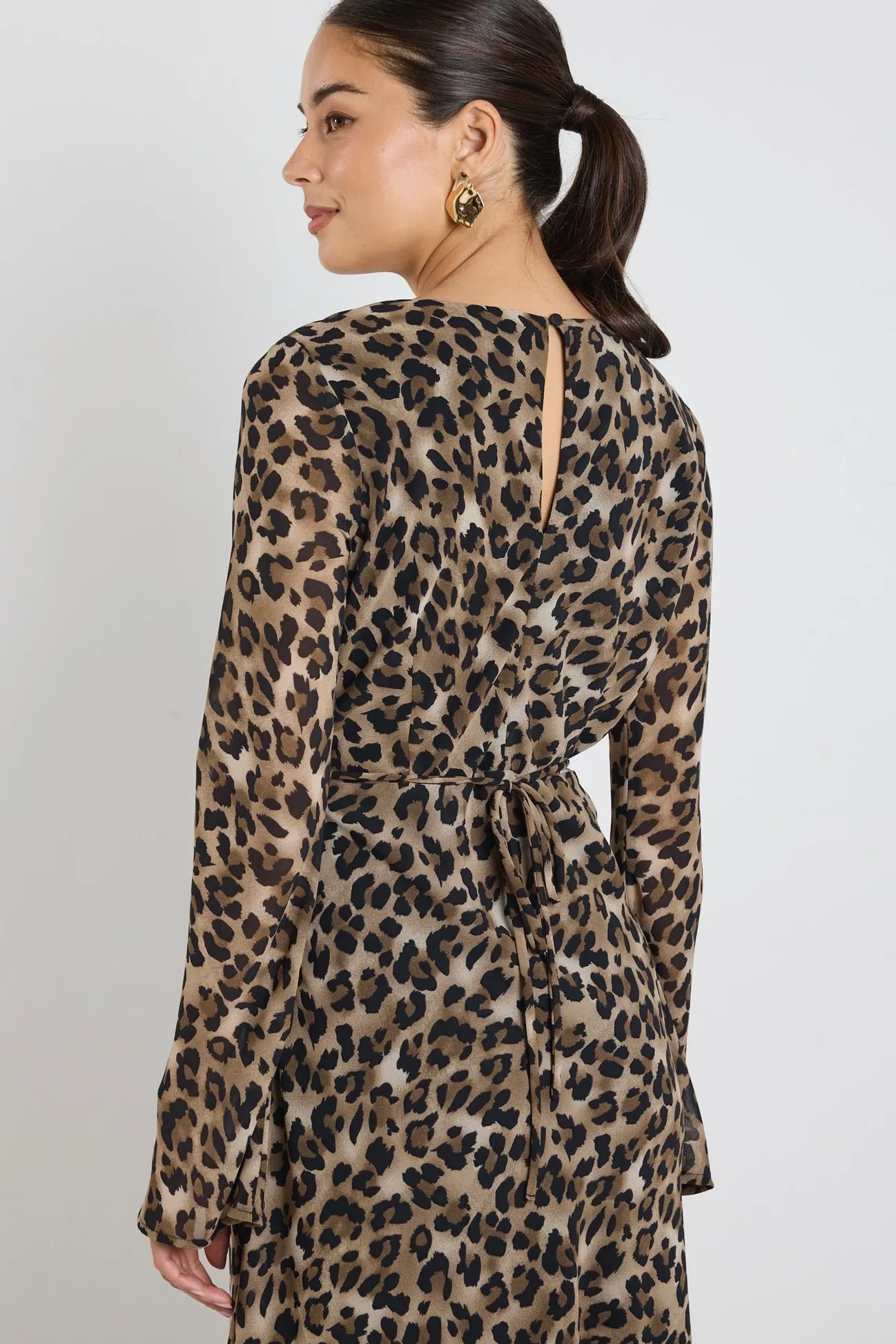 Among the Brave Chateau Leopard Georgette Fluted Sleeve V Bias Midi Dress