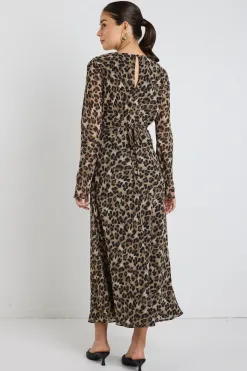 Among the Brave Chateau Leopard Georgette Fluted Sleeve V Bias Midi Dress