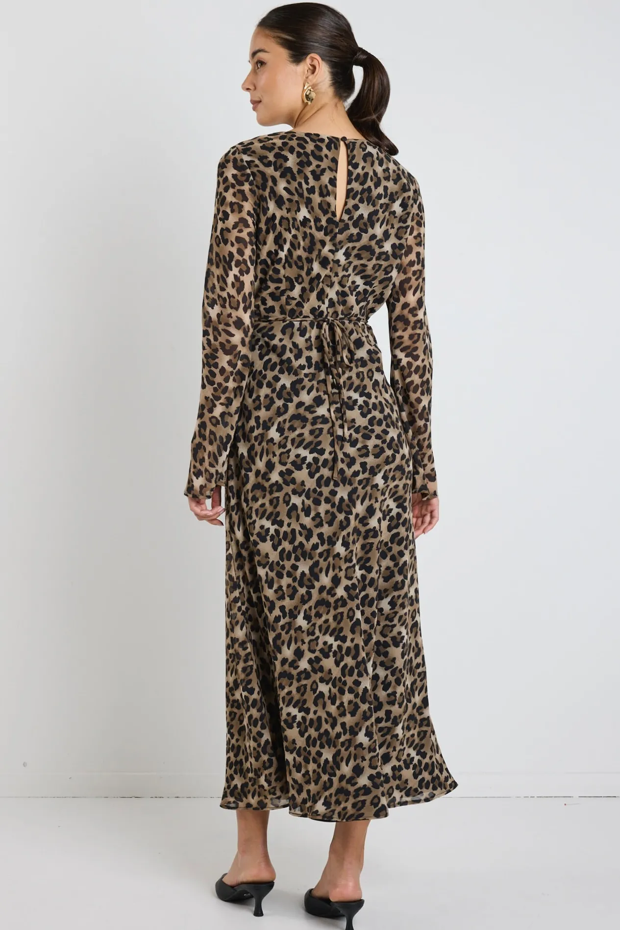 Among the Brave Chateau Leopard Georgette Fluted Sleeve V Bias Midi Dress