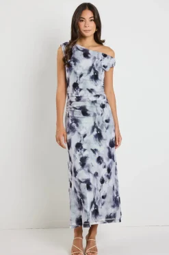 Stories be Told Chemistry Charcoal Smudge Mesh Off Shoulder Maxi Dress