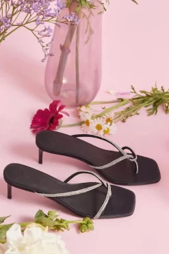 Solsana Chrissy Black Crystal Thin Strap Mule Heel