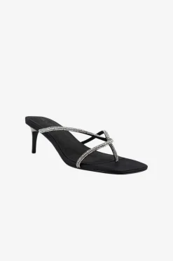 Solsana Chrissy Black Crystal Thin Strap Mule Heel