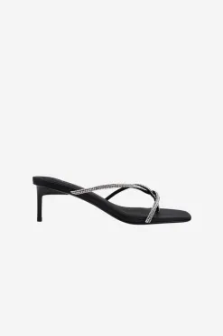 Solsana Chrissy Black Crystal Thin Strap Mule Heel