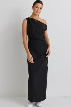 Stories be Told Classified Black Off Shoulder Tuck Maxi Dress