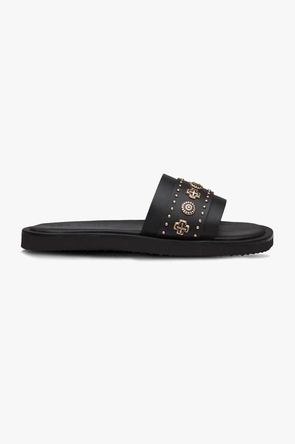 Solsana Cleo Black Leather Slide with Gold Charms