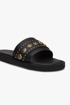 Solsana Cleo Black Leather Slide with Gold Charms