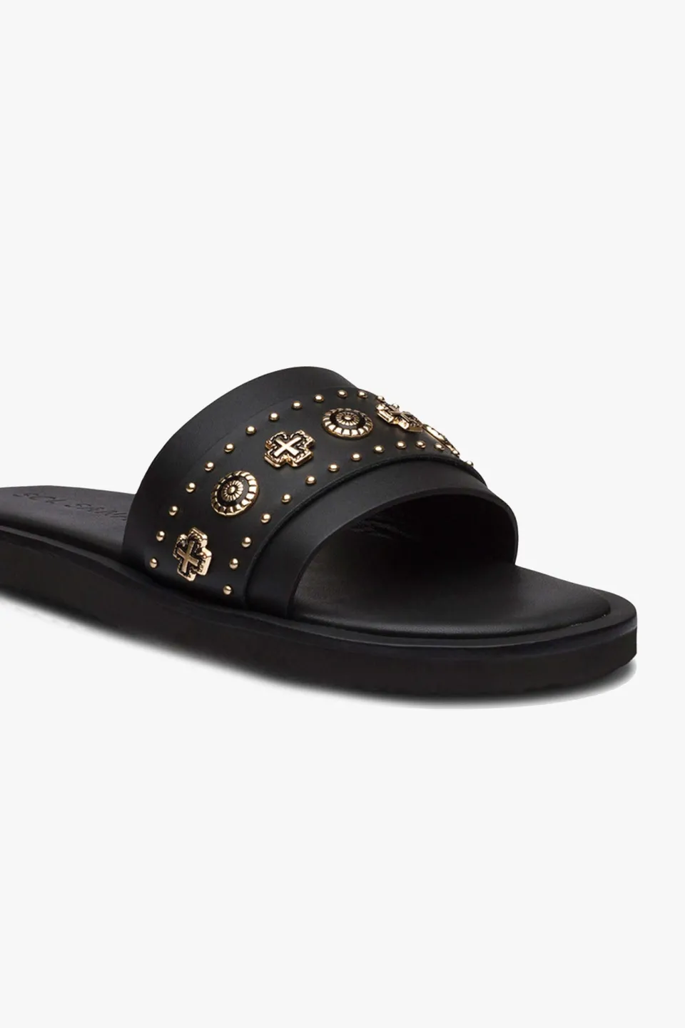 Solsana Cleo Black Leather Slide with Gold Charms