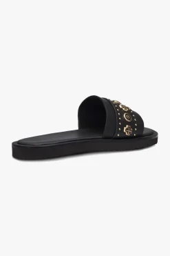 Solsana Cleo Black Leather Slide with Gold Charms