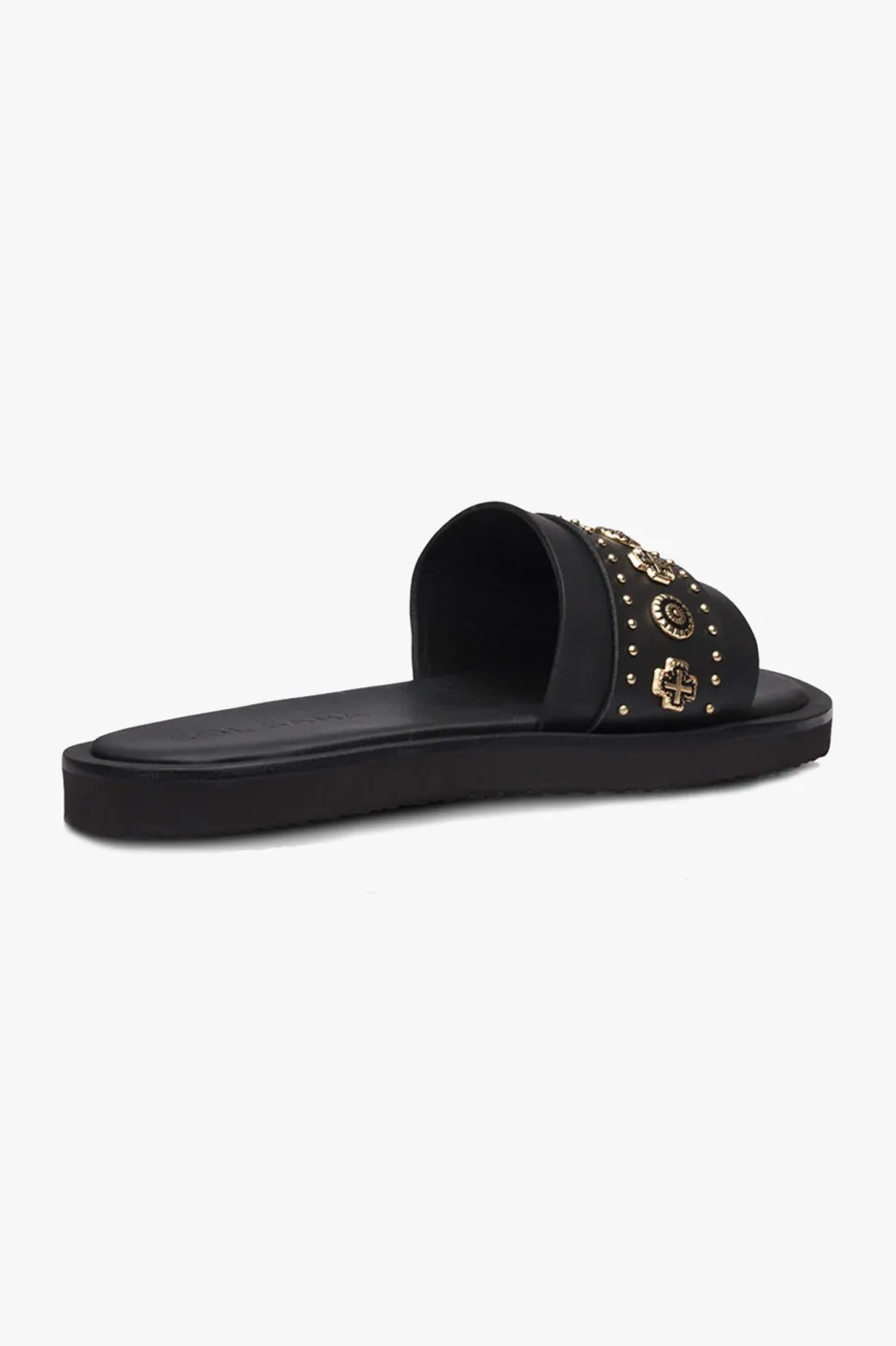 Solsana Cleo Black Leather Slide with Gold Charms