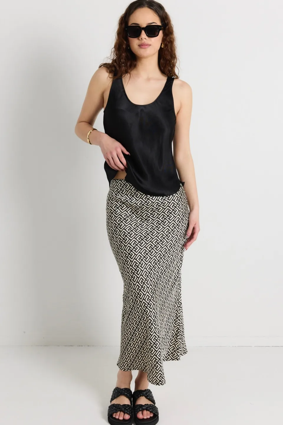 Among the Brave Cleo Geometric Satin Bias Cut Midi Skirt