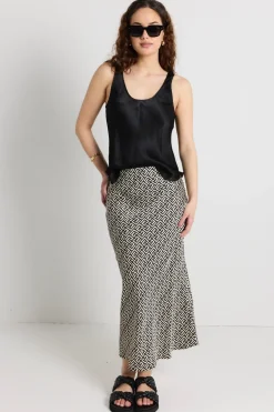 Among the Brave Cleo Geometric Satin Bias Cut Midi Skirt