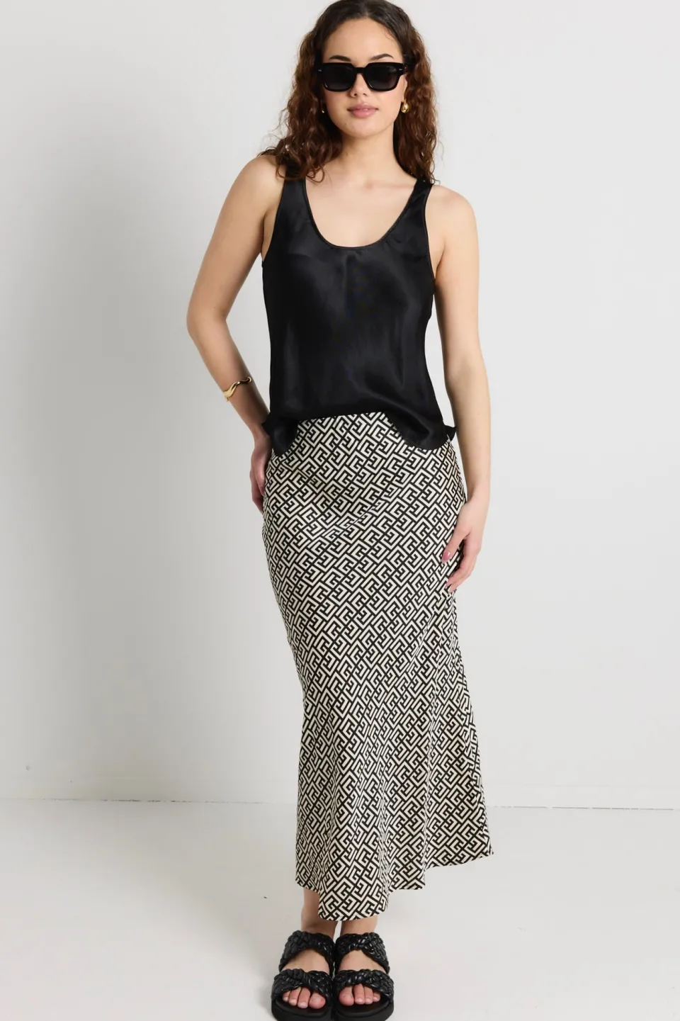 Among the Brave Cleo Geometric Satin Bias Cut Midi Skirt