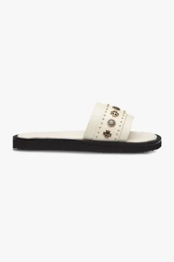 Solsana Cleo Off White Leather Slide with Gold Charms