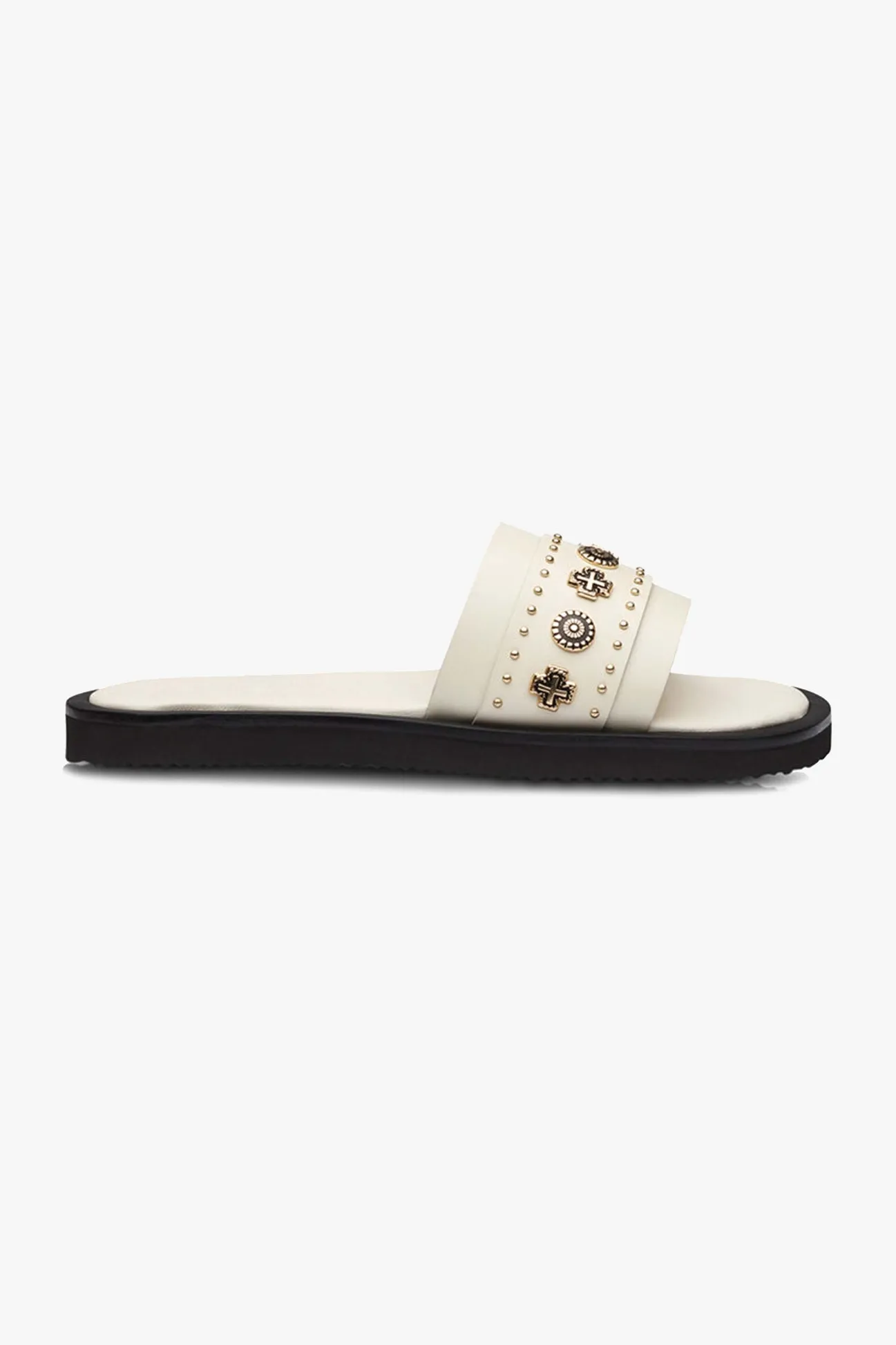 Solsana Cleo Off White Leather Slide with Gold Charms