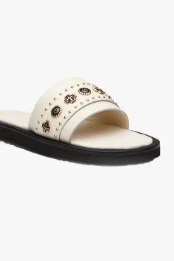 Solsana Cleo Off White Leather Slide with Gold Charms