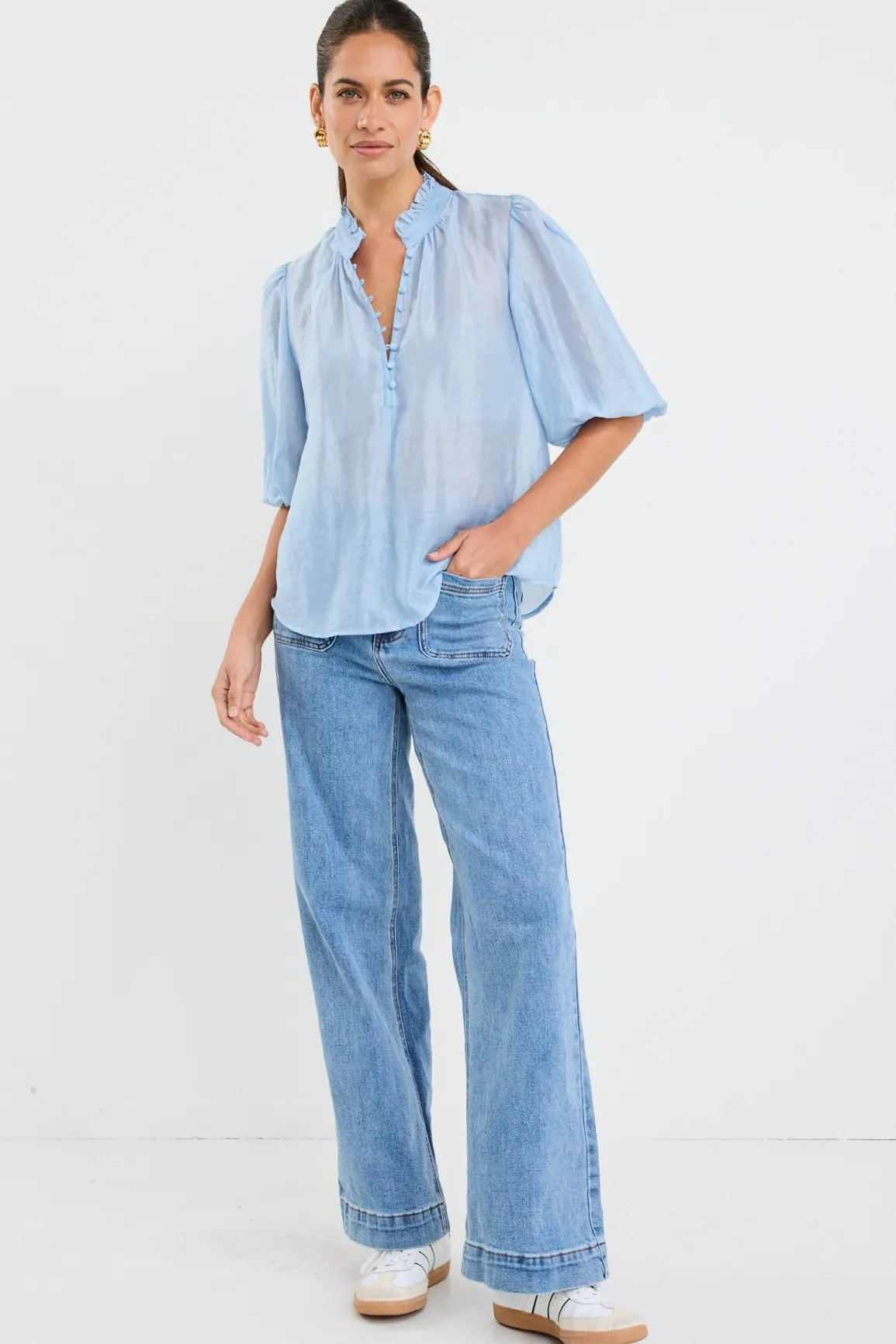 Ivy + Jack Closure Pale Blue Sheer High Neck Buttoned SS Top