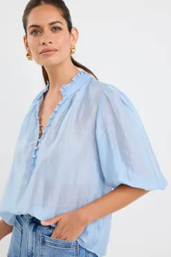 Ivy + Jack Closure Pale Blue Sheer High Neck Buttoned SS Top