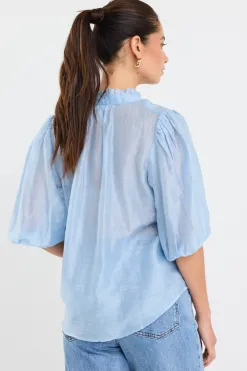 Ivy + Jack Closure Pale Blue Sheer High Neck Buttoned SS Top